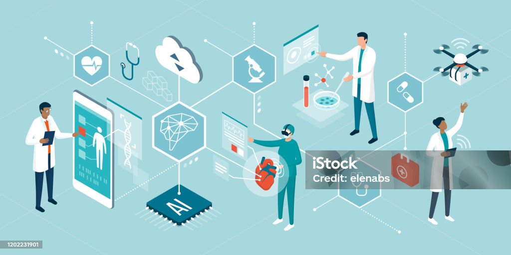 Healthcare trends and innovative technologies Doctors and researchers using innovative technologies for medicine and healthcare: artificial intelligence, virtual reality, drones, stem cells and digital organs Healthcare And Medicine stock vector