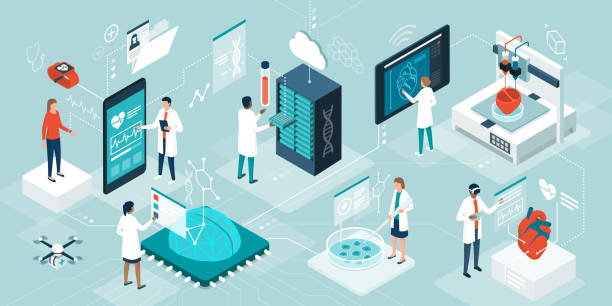 Healthcare trends and innovative technologies Doctors and researchers using innovative technologies for medicine and healthcare: medical wearables, AI, 3D printed and digital organs, stem cells and DNA bank medical technology stock illustrations