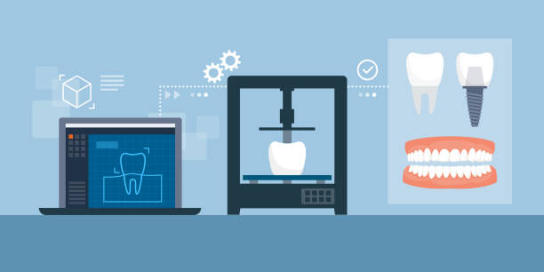illustrations, cliparts, dessins animés et icônes de processus d'impression 3d médical de prothèse dentaire - medical research medicine laboratory computer graphic