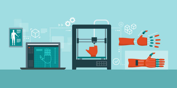 Medical 3D printing process: prosthetic hand Medical 3D printing process of a prosthetic hand: 3D modeling, printing, assembly and final product 3d printing hand stock illustrations