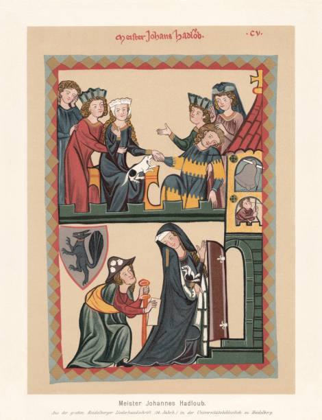 ilustrações, clipart, desenhos animados e ícones de johannes hadlaub, minstrel alemão-suíço médio), fac-símile (cronomolitograph), publicado em 1897 - german culture people women germany