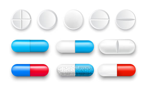 ilustraciones, imágenes clip art, dibujos animados e iconos de stock de conjunto de píldoras vectoriales y cápsulas de color aisladas - pharmacy medicine narcotic nutritional supplement