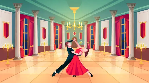 Vector illustration of Ballroom hall, waltz dancers in royal palace room, vector background. Man and woman dancing waltz in ball room with luxury interior, marble columns and curtains, golden candelabra and candles