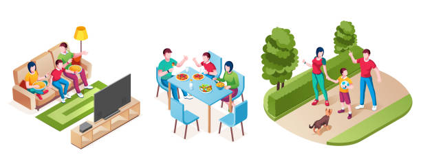 Family happy time together, vector isometric design. Mother and father with son watching TV on sofa with pizza o popcorn, eating lunch or dinner and walking in park with dog, family life and activity Family happy time together, vector isometric design. Mother and father with son watching TV on sofa with pizza o popcorn, eating lunch or dinner and walking in park with dog, family life and activity eating breakfast stock illustrations