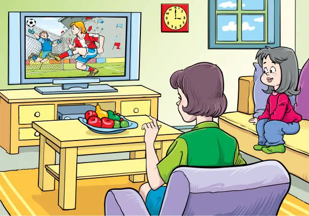 Vector illustration of Mom and daughter watching program on tv