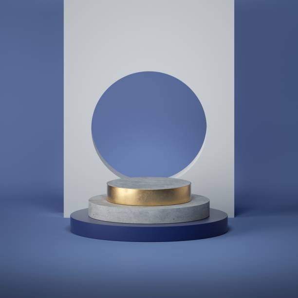 istock 3d render abstract blue background. Cylinder podium steps, vacant pedestal, empty stage. Round hole in the wall. Shop display, showcase, product stand. Copy space, blank frame mockup. Clean style 1202238002
