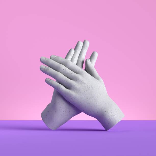 istock 3d render, hands isolated on pink background. Applause gesture. Minimal fashion concept, mannequin body parts. Limb prosthesis 1202238046