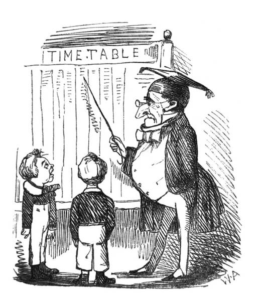 istock British satire comic cartoon caricatures illustrations - Teacher pointing to a chart labeled time table with two boys looking 1202238230