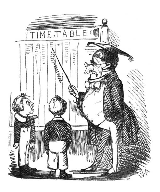 British satire comic cartoon caricatures illustrations - Teacher pointing to a chart labeled time table with two boys looking From Punch's Almanack punch puppet stock illustrations
