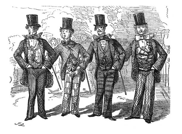 istock British satire comic cartoon caricatures illustrations - Four men in suit coats and tophats standing arm and arm outdoors 1202238252