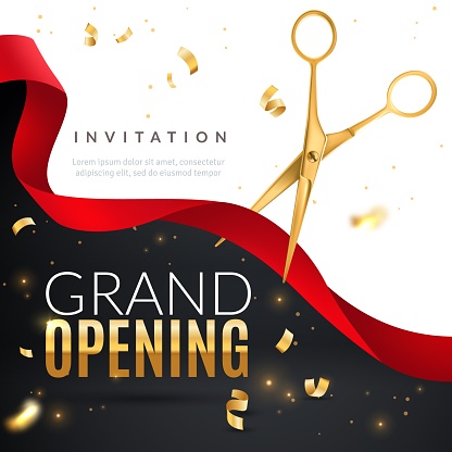 Grand opening. Golden confetti and scissors cutting red silk ribbon, inauguration ceremony banner, opening celebration vector launch of business poster