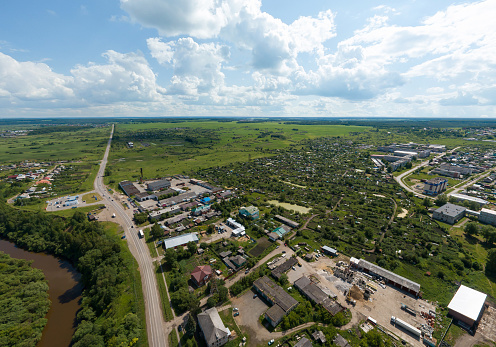 Aerial view of Irbit city and Industrial Zone. Russia, Sverdlovsk region, summer, sunny day