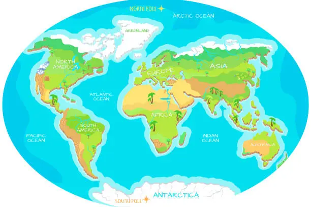 Vector illustration of Continents, Oceans on Map of World. Our Planet.