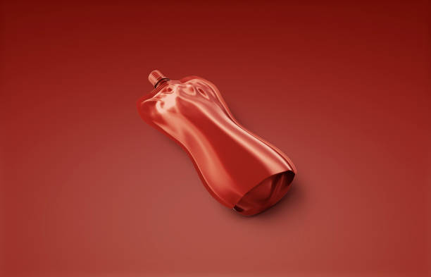 istock Blank catsup soft bottle with cap mockup lying, red background 1202243281