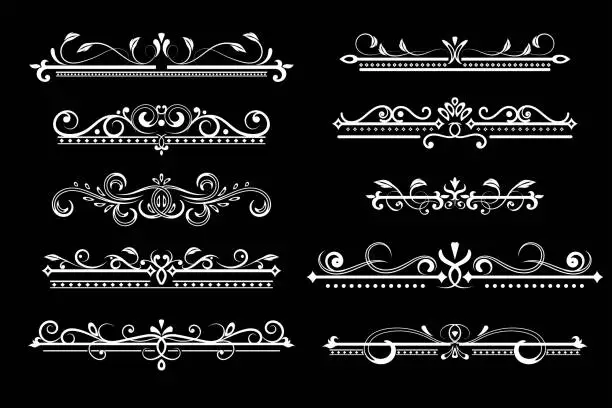 Vector illustration of Vintage ornamental dividers. White typographic decorations on black background