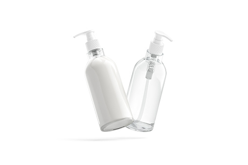 Blank glass pump bottle with cream and water mockup, no gravity, 3d rendering. Empty transparent press can with lotion and tonic mock up, isolated. Clear antiseptic fluid in tube mokcup template.