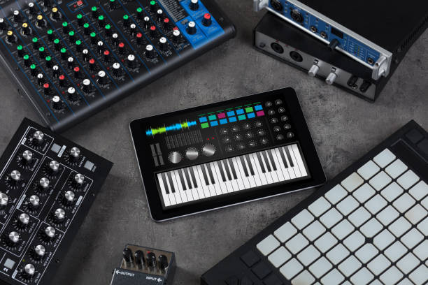 istock Piano app on tablet and musical instrument concept 1202244691