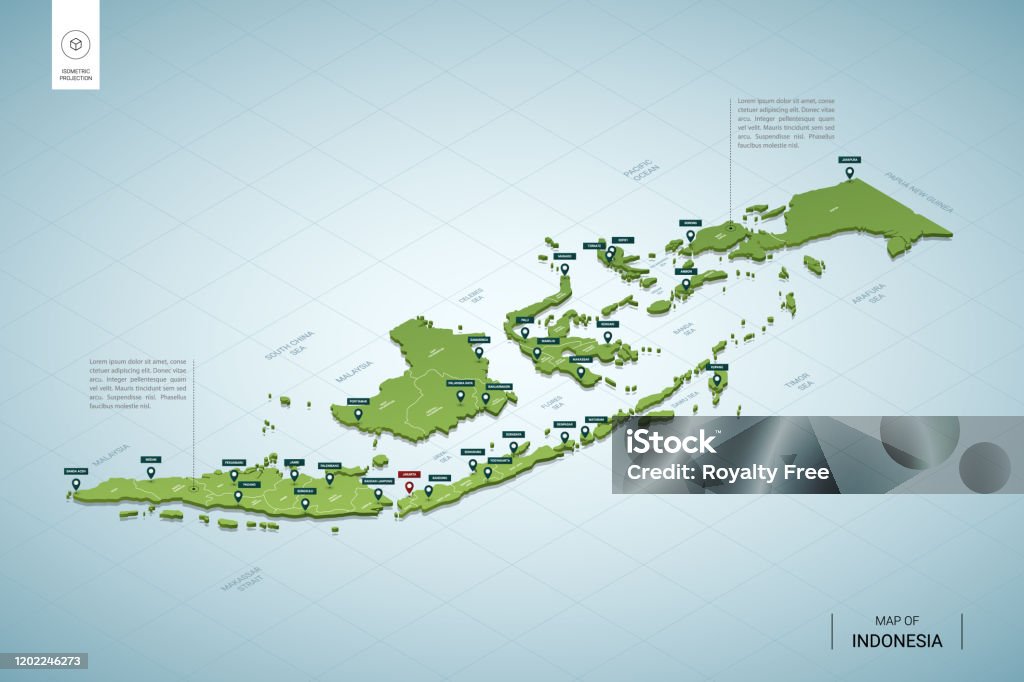 インドネシアの様式化された地図。都市、国境、首都ジャカルタ、地域とアイソメ3D緑の地図。ベクトルのイラスト。編集可能なレイヤーには、明確なラベルが付いています。英語。 - インドネシアのロイヤリティフリーベクトルアート