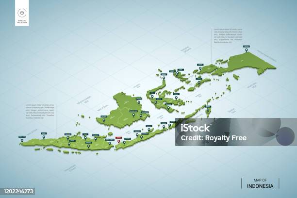 インドネシアの様式化された地図都市国境首都ジャカルタ地域とアイソメ3d緑の地図ベクトルのイラスト編集可能なレイヤーには明確なラベルが付いています英語 - インドネシアのベクターアート素材や画像を多数ご用意
