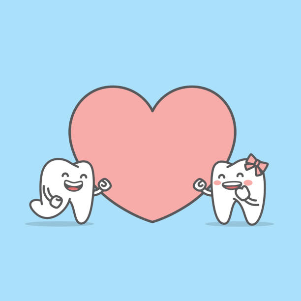 zahn junge lief in zahn mädchen vor einem großen herz illustration charakter vektor-design auf blauem hintergrund. dentalkonzept. - tooth character stock-grafiken, -clipart, -cartoons und -symbole