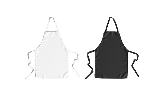 Blank black and white apron with strap mockup set, top view, 3d renderong. Empty cooking protection bib mock up, isolated. Clear profession chief or maid skirting mokcup template.