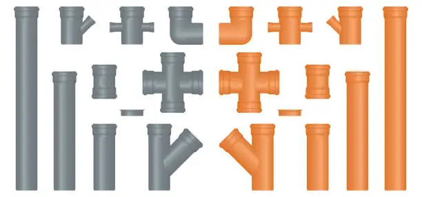 Vector illustration of Sewer pipe connectors. Gray and brown 3d elements