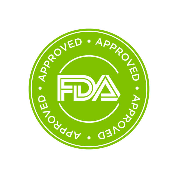 FDA Approved (Food and Drug Administration) icon, symbol, label, badge, logo, seal. Green and white. behind stock illustrations