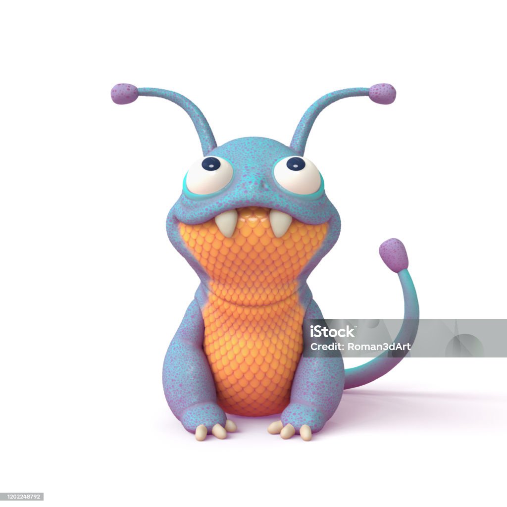 3d Illustration Of A Cute Little Cartoon Blue Monster With A Yellow Belly  Sitting On White Background Stock Photo - Download Image Now - iStock