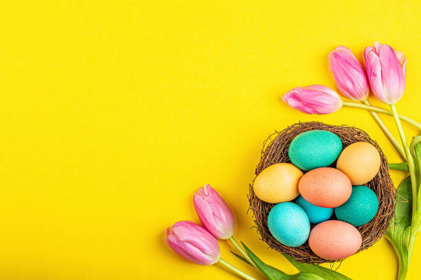 istock Stylish background with colorful easter eggs isolated on yellow background with pink tulip flowers. Flat lay, top view, mockup, overhead, template 1202248978