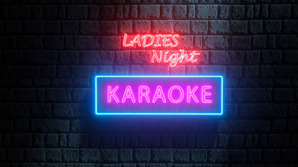 istock 3d Karaoke Ladies night neon sign on brick wall. Illuminated banner, bright billboard, glowing signboard. Advertising bright night karaoke bar, party, disco bar, night club, show. Live music. 3d rendering 1202249678