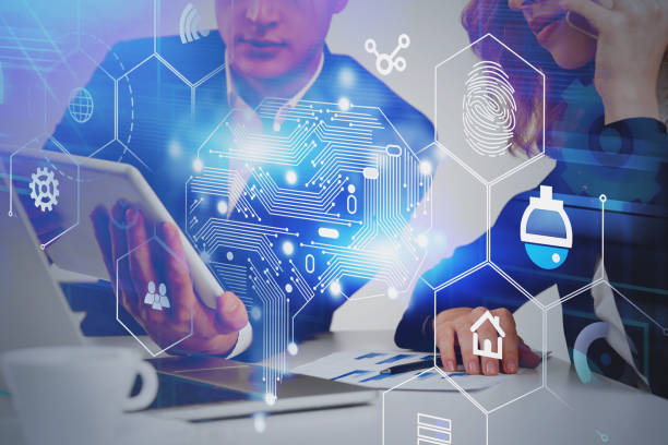 istock Business people in office, AI brain hologram 1202256253