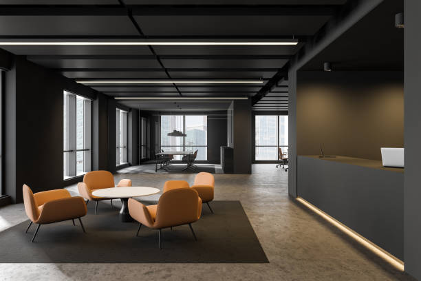 istock Gray reception and lounge in office interior 1202256395
