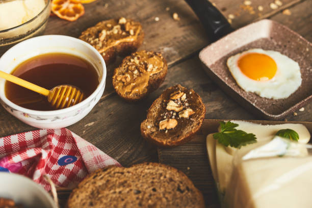 breakfast on wooden table - milk old fashioned retro revival still life imagens e fotografias de stock