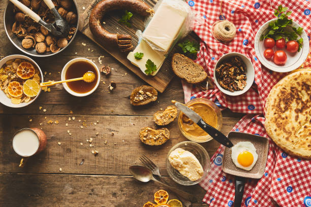 Directly above shot of breakfast on wooden table