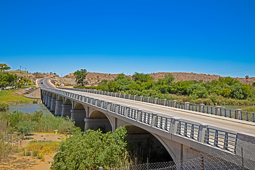 Modern bridge over branch of Orange River on Kanon Island, Northern Cape, South Africa