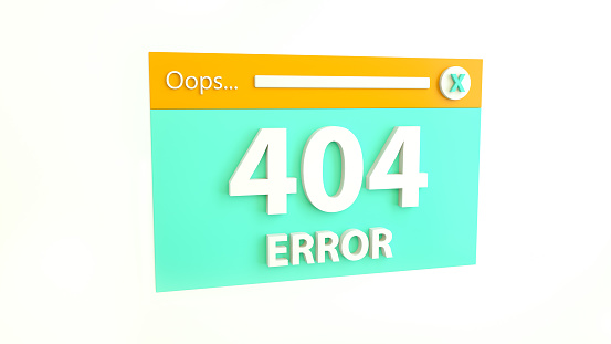 404 error page not found message. Orange and Turquoise colors. Lettering for web design and site development. 3D Rendering