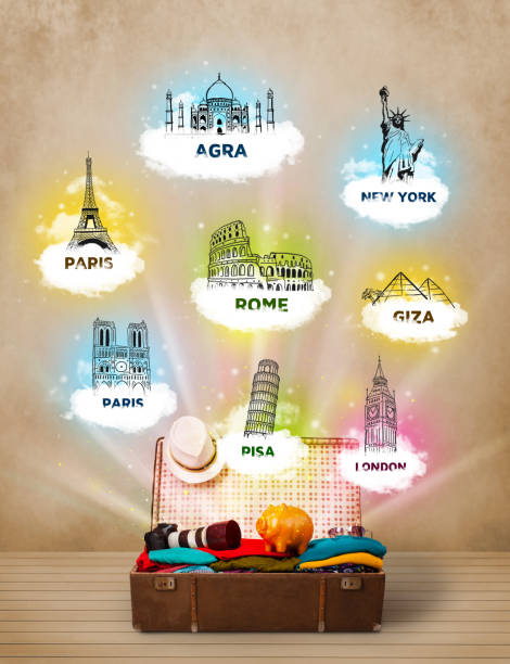 istock Tourist suitcase with famous landmarks around the world 1202258713