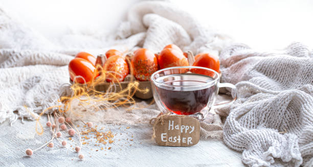 Cozy Easter still life with decor . Morning tea with dessert.