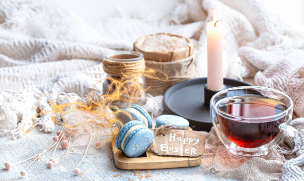 istock Cozy Easter still life with decor . Morning tea with dessert. 1202259382