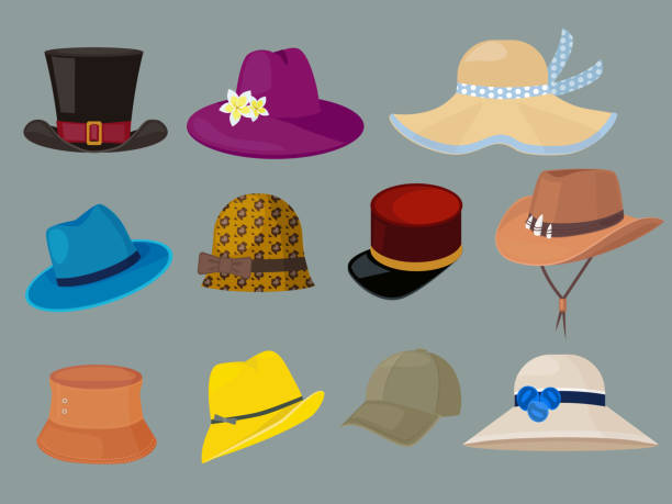 illustrations, cliparts, dessins animés et icônes de chapeaux. vêtements de mode pour l'homme élégant et l'ensemble de dessin animé de vecteur de garde-robe de femme - cowboy hat personal accessory equipment headdress