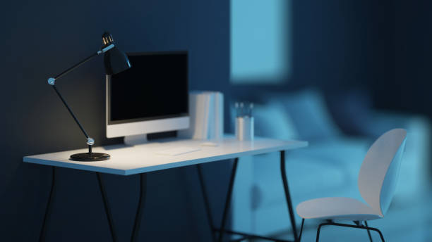 istock Workplace. Office furniture. Night. Evening lighting. 3D rendering. 1202264582
