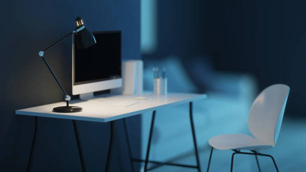 istock Workplace. Office furniture. Night. Evening lighting. 3D rendering. 1202264610