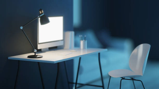 istock Workplace. Office furniture. Night. Evening lighting. 3D rendering. 1202264621