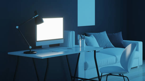 istock Workplace. Office furniture. Night. Evening lighting. 3D rendering. 1202264624