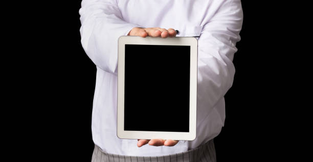 Unrecognizable Chef Showing Blank Tablet Screen Over Black Background, Panorama