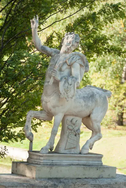 pavlovsk, SAINT PETERSBURG, RUSSIA - september 11, 2019: breadless centaur, statue on The Centaurs Bridge by Brenna, about 1790