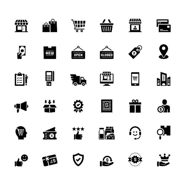простой набор торговых и розничных связанных вектор иконки. коллекция символов. - retail stock illustrations