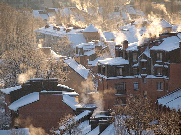 Color photograph of northern winter city and house