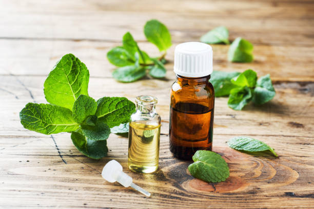 istock Essential aroma oil with peppermint on wooden background. Selective focus, copy space. 1202271176
