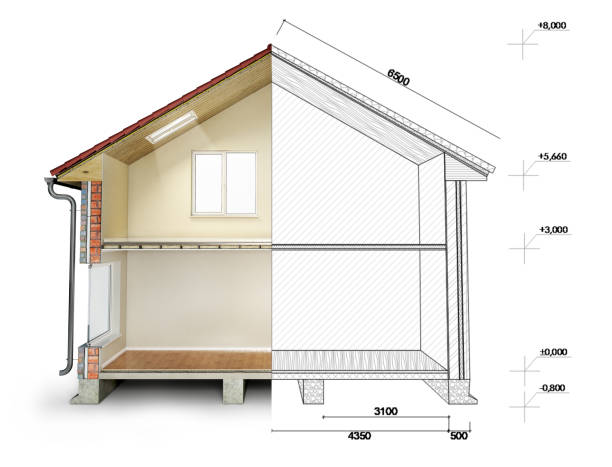 istock Cross section of half finished house with the drawing on the second half , 3d illustration 1202271347